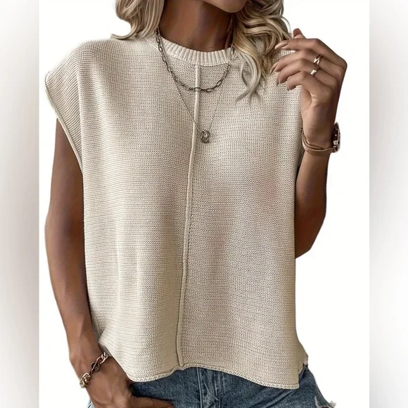 Crew Neck Cap Sleeve Knit Sweater - Picture 2 of 4